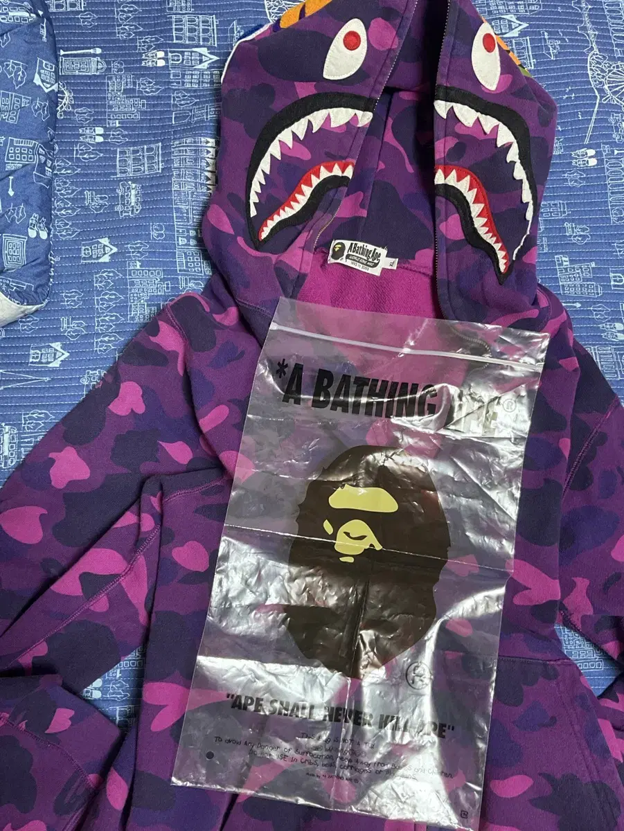 베이프 bape 샤크 후드집업 퍼플 XL 사이즈